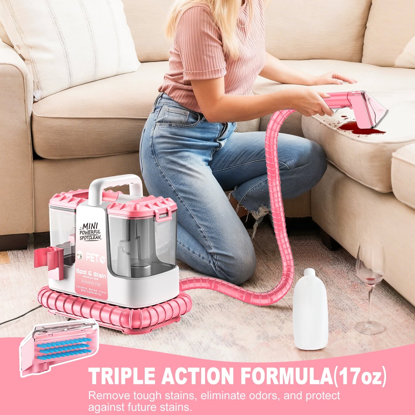 Portable Carpet and Upholstery Spot Cleaner Machine, 30Kpa Powerful Suction with 5 Cleaning Tools, 17oz Cleaning Solution, Lightweight Compact Design, Deep Clean for Car,