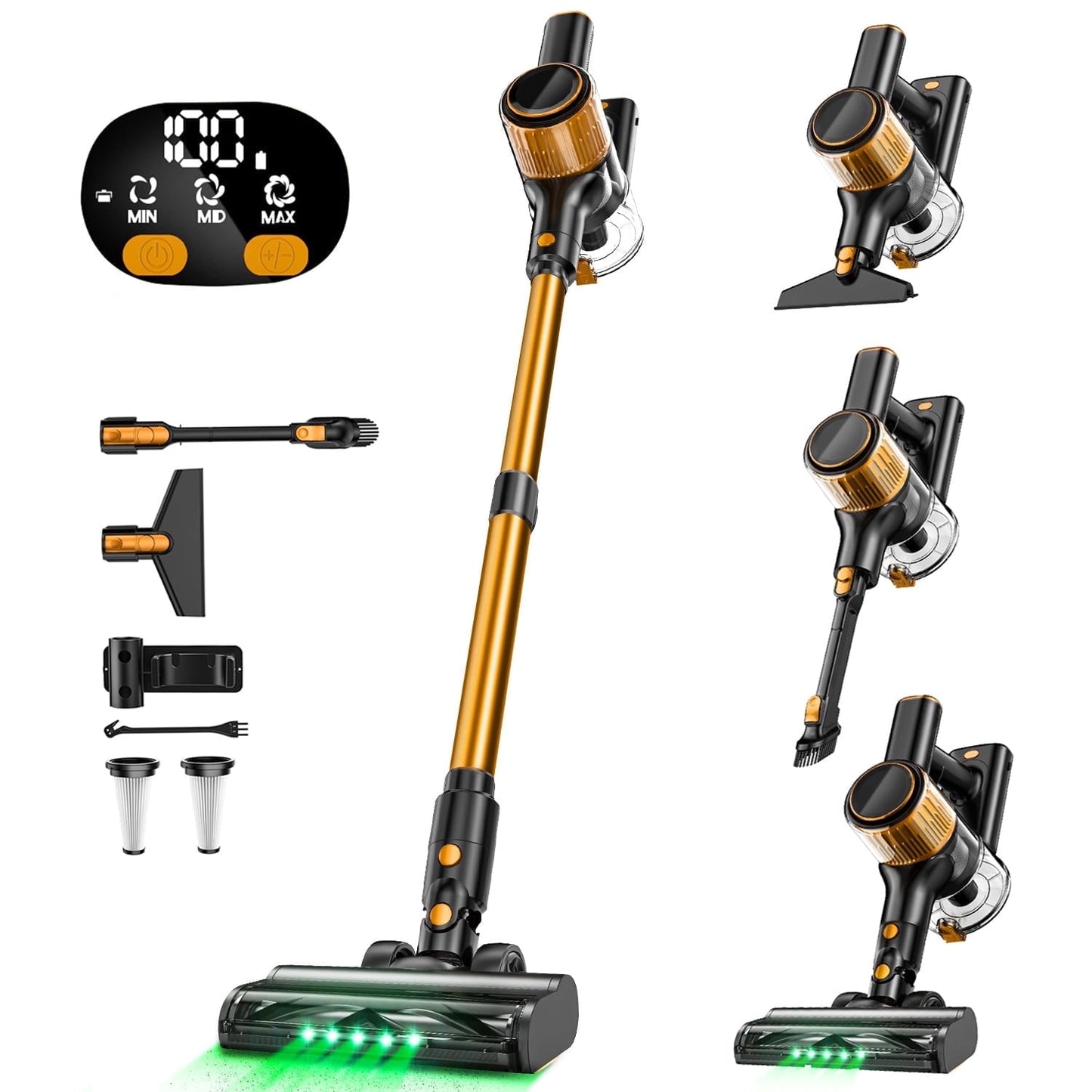 Cordless Vacuum Cleaner, 30Kpa 8 in 1 Lightweight Stick Vacuum, Anti-Tangle Brush with Green Light, 40mins Runtime Rechargeable Vacuums for Hardwood Floor, Carpet, Pet Hair,